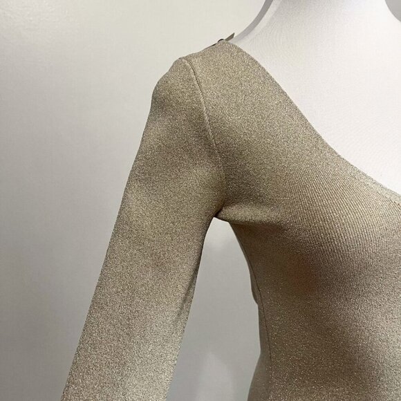 NWT TED BAKER CIILIAH GOLD METALLIC V-NECK LONG TEE RIBBED STRETCH KNIT TOP - S - Picture 6 of 14
